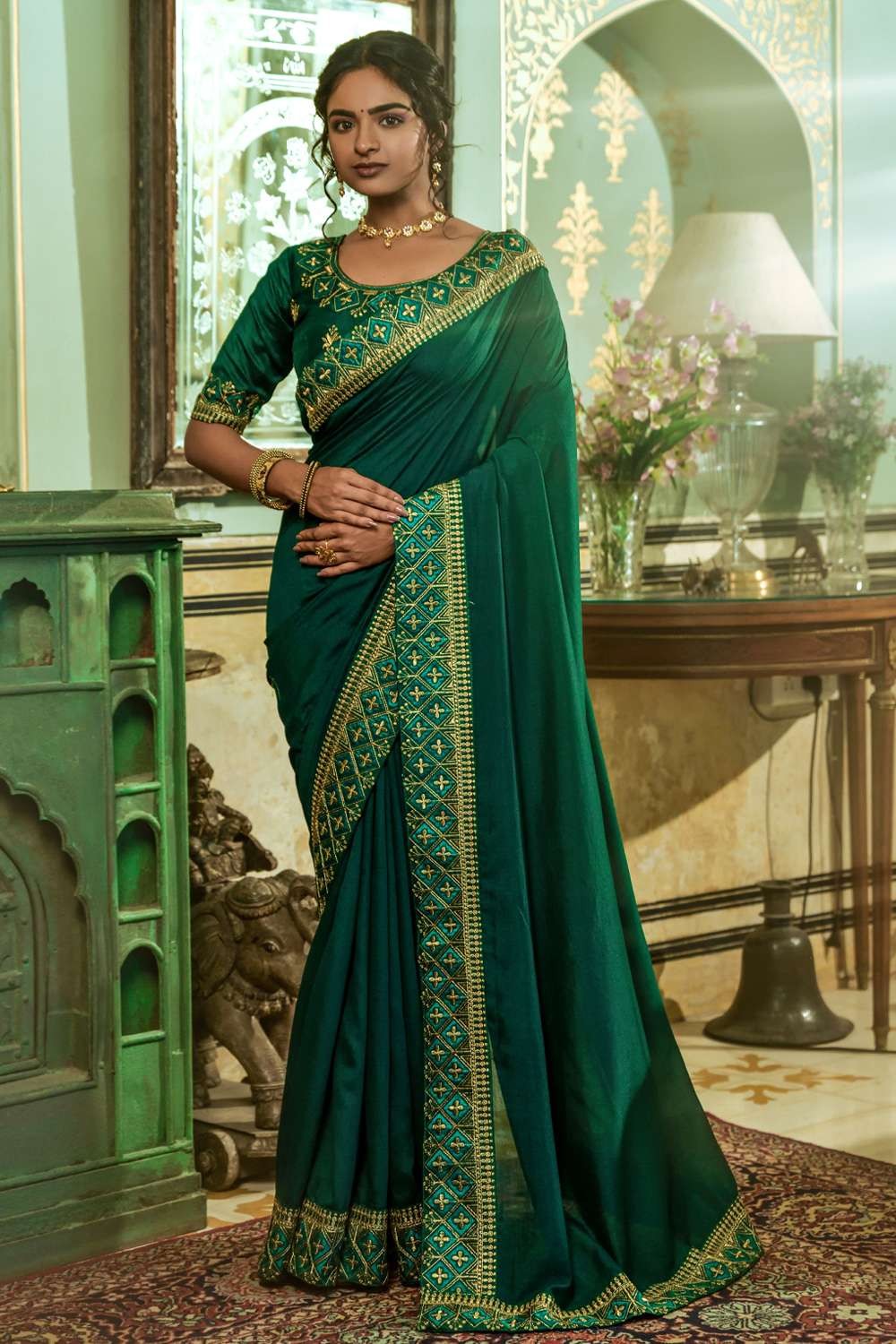 Silk Green Saree in Embroidered,lace - SR23275